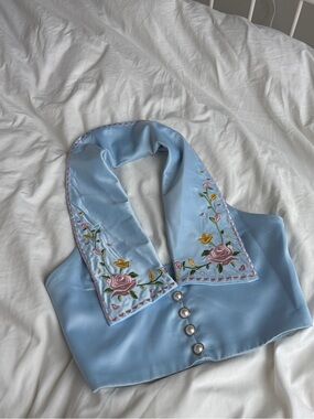 Sky Blue Embroidered Satin Collar Top